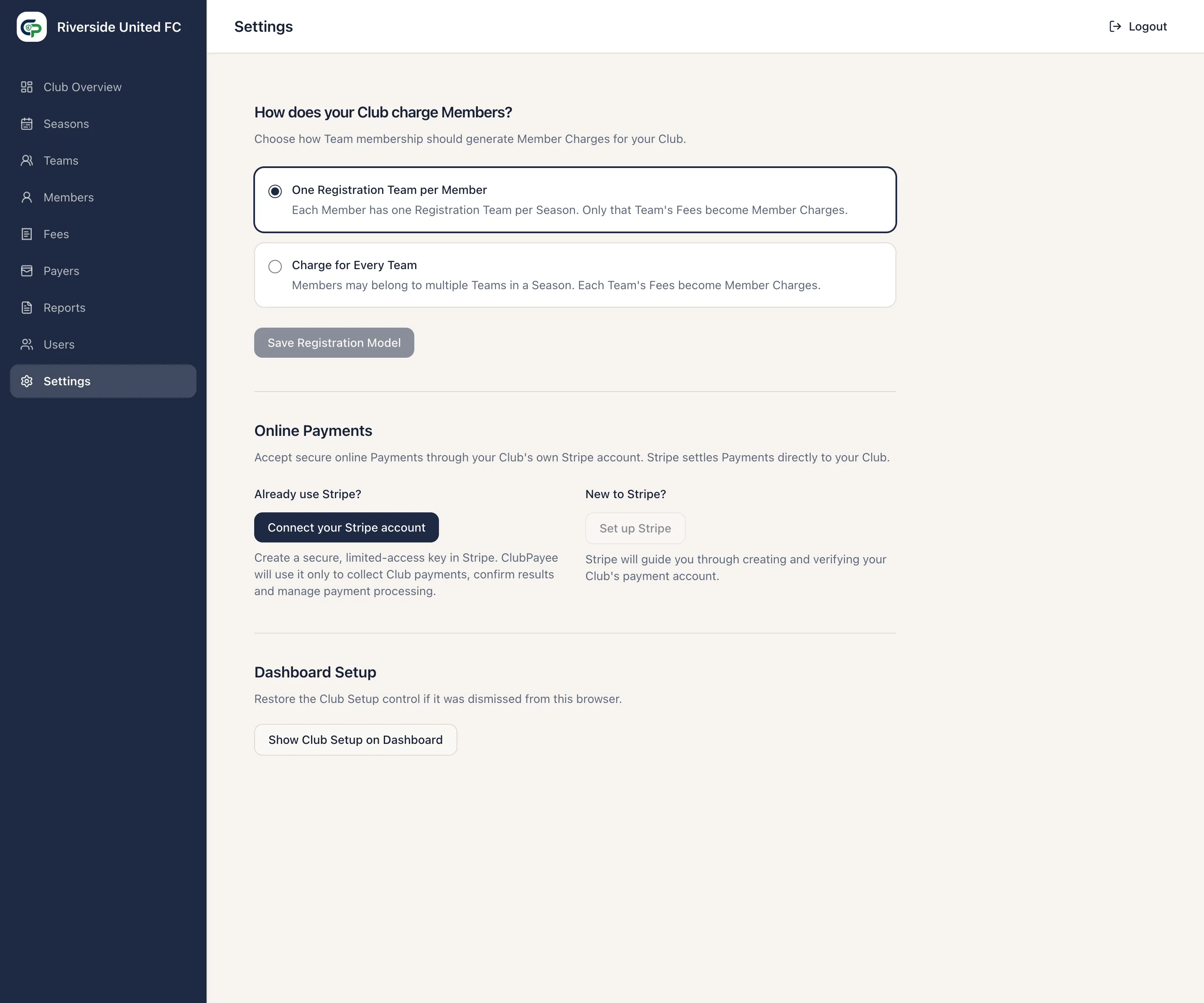 Club Settings with Registration Model, Online Payments status, and Dashboard Setup