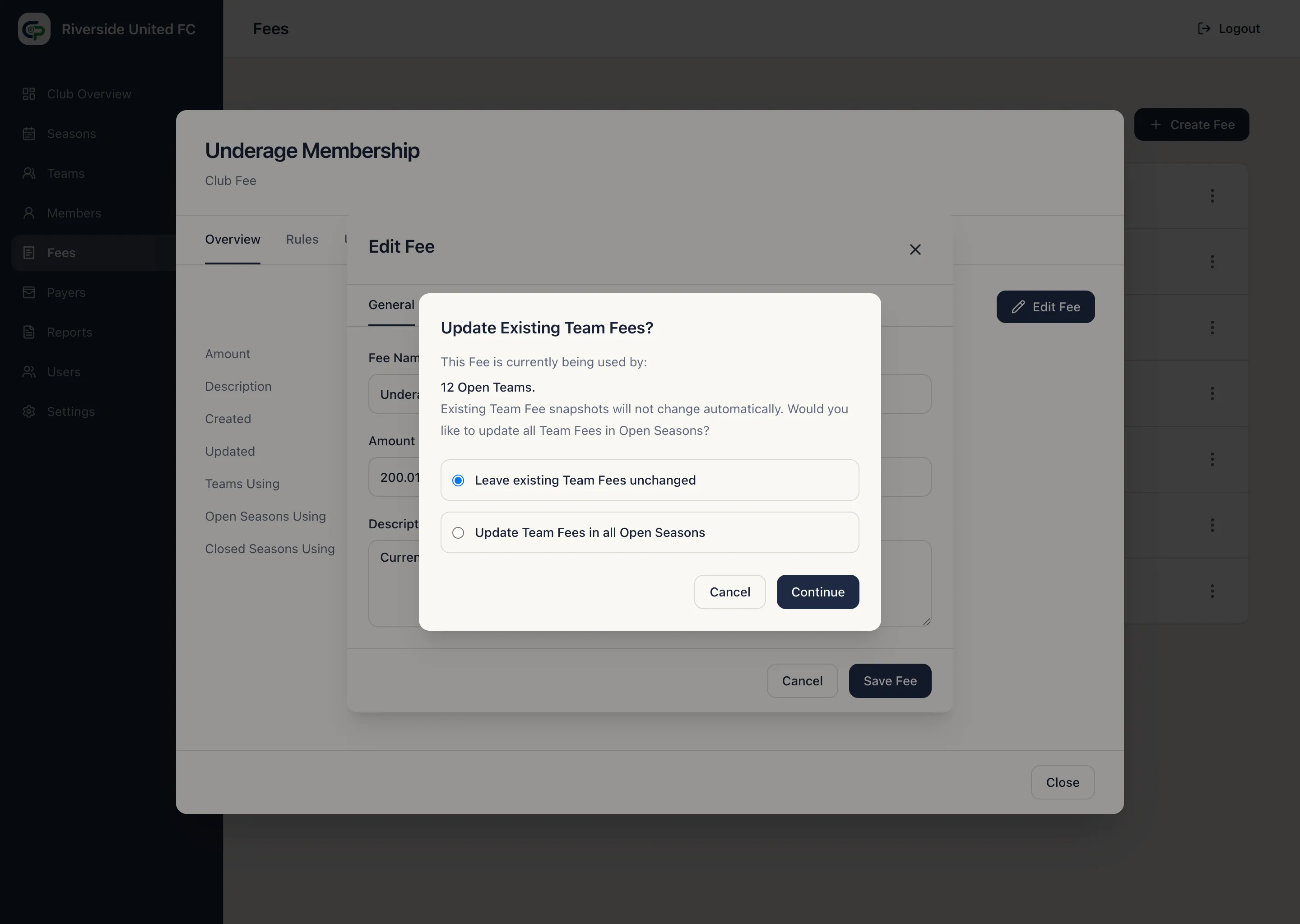 Update Existing Team Fees prompt showing both choices and affected Open Teams