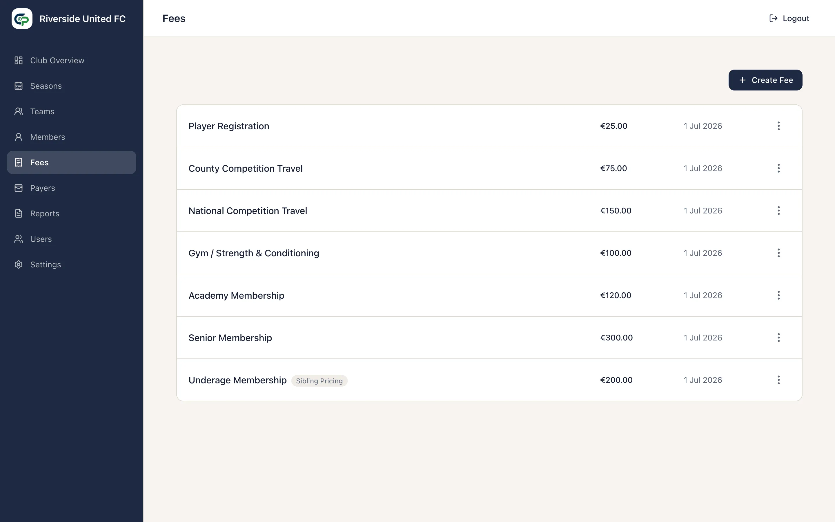 Fees catalogue showing reusable Fees, amounts, dates, and Sibling Pricing