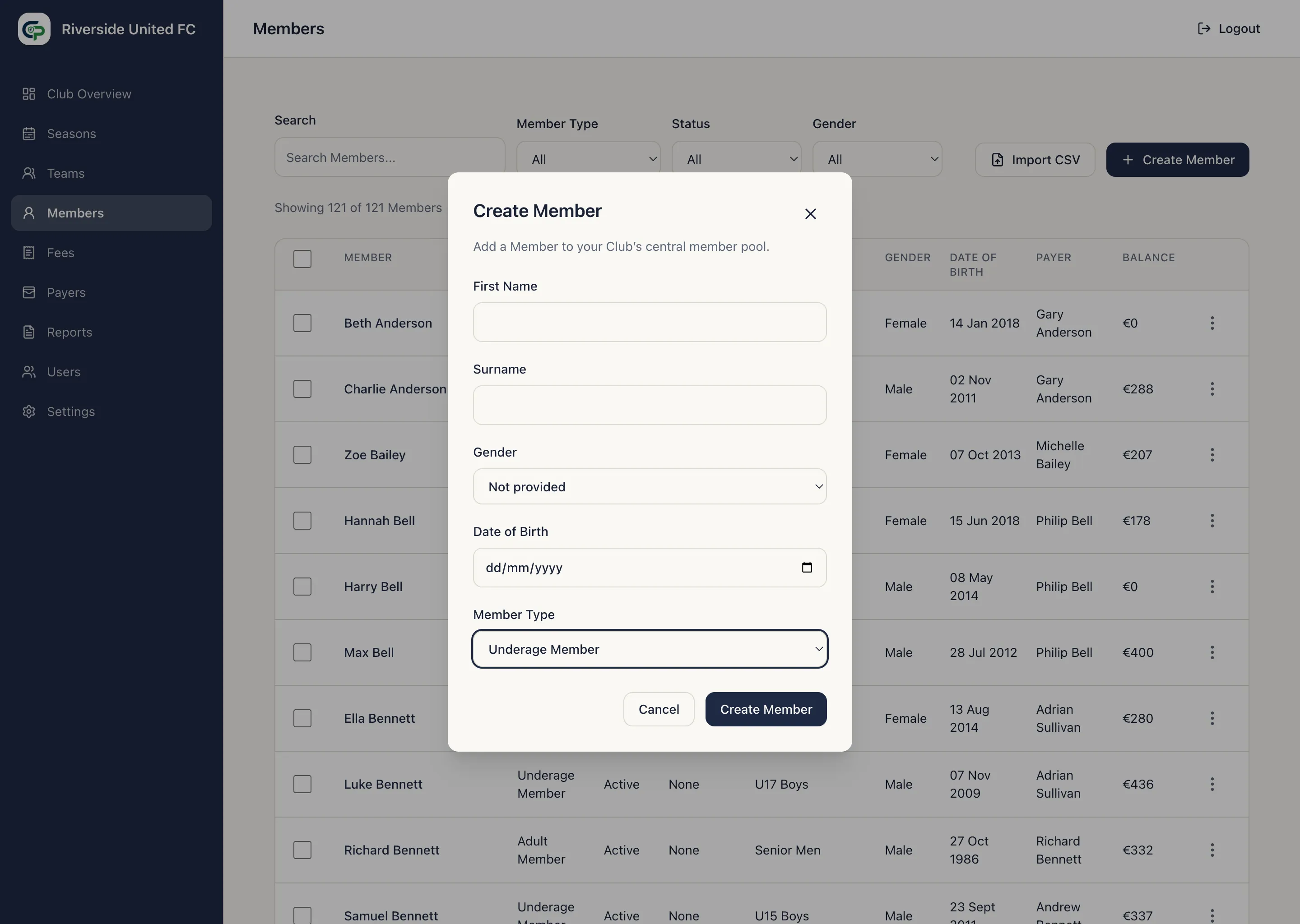 Create Member form with identity fields and Member Type