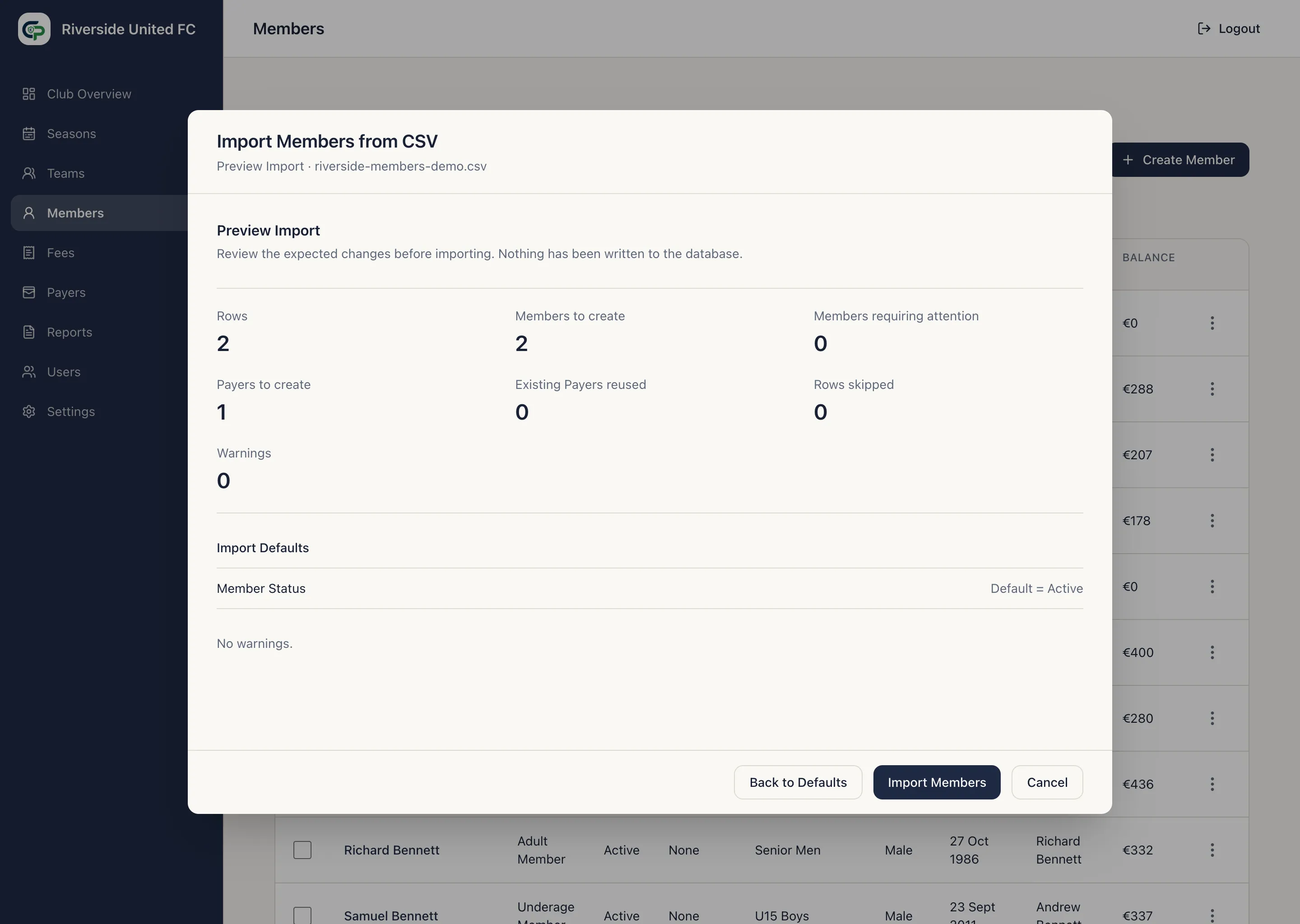 Member CSV or Excel import mapping and Preview Import steps