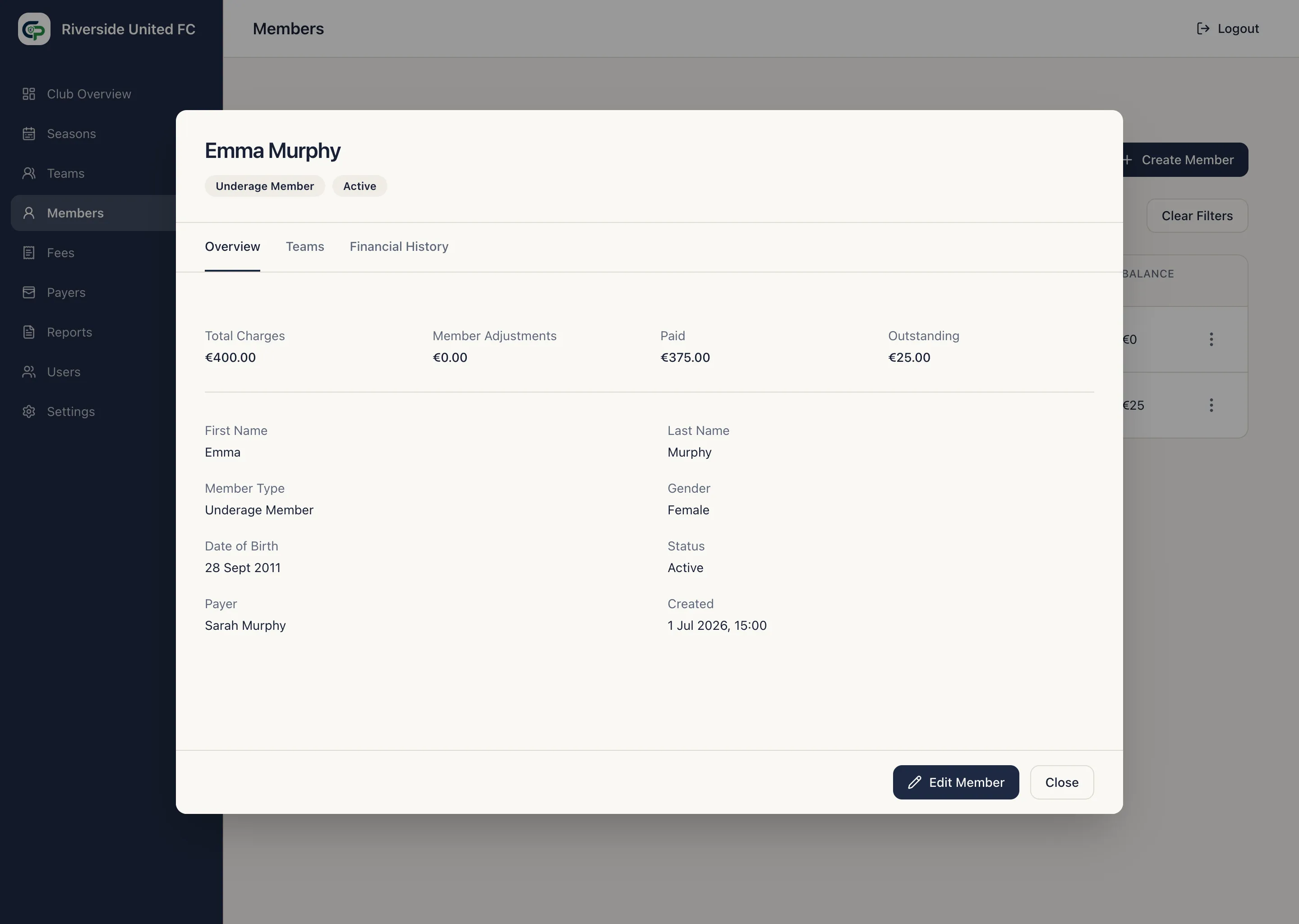 Emma Murphy Member workspace with the Overview tab and financial summary
