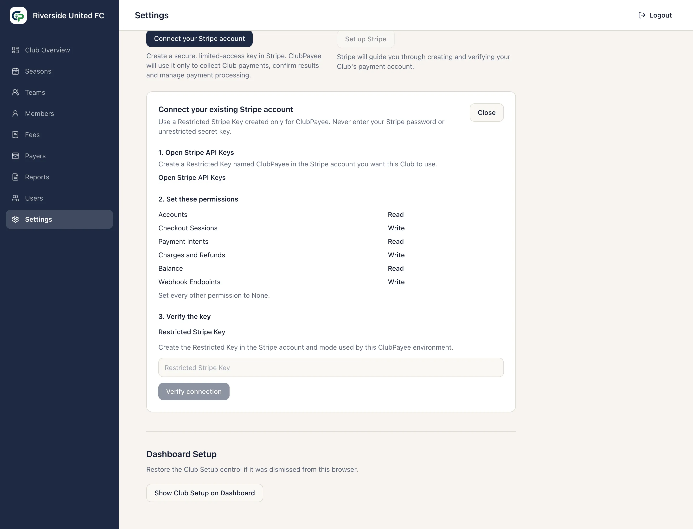 Stripe connection wizard showing required Restricted Key permissions