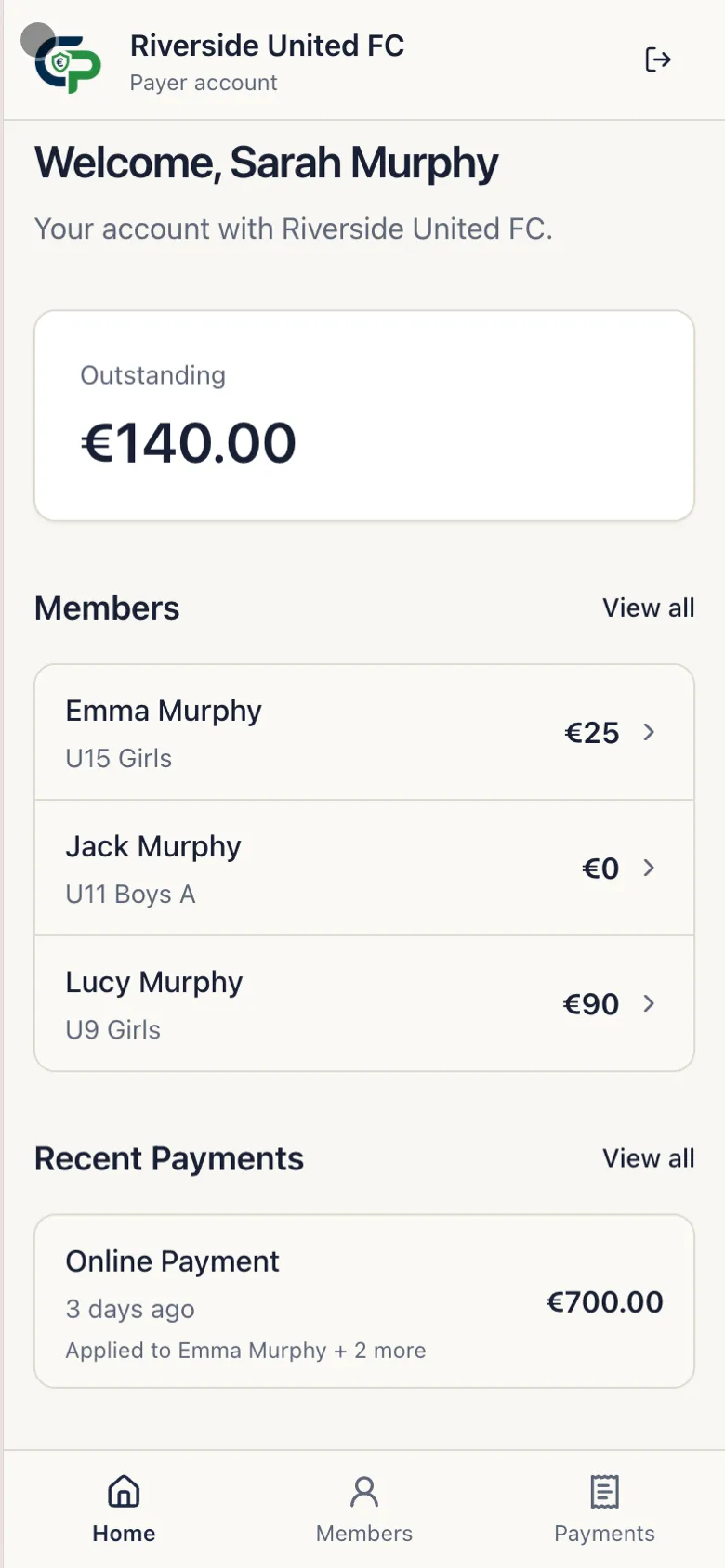 Sarah Murphy's Payer Portal Home showing Outstanding, linked Members, and a recent Payment