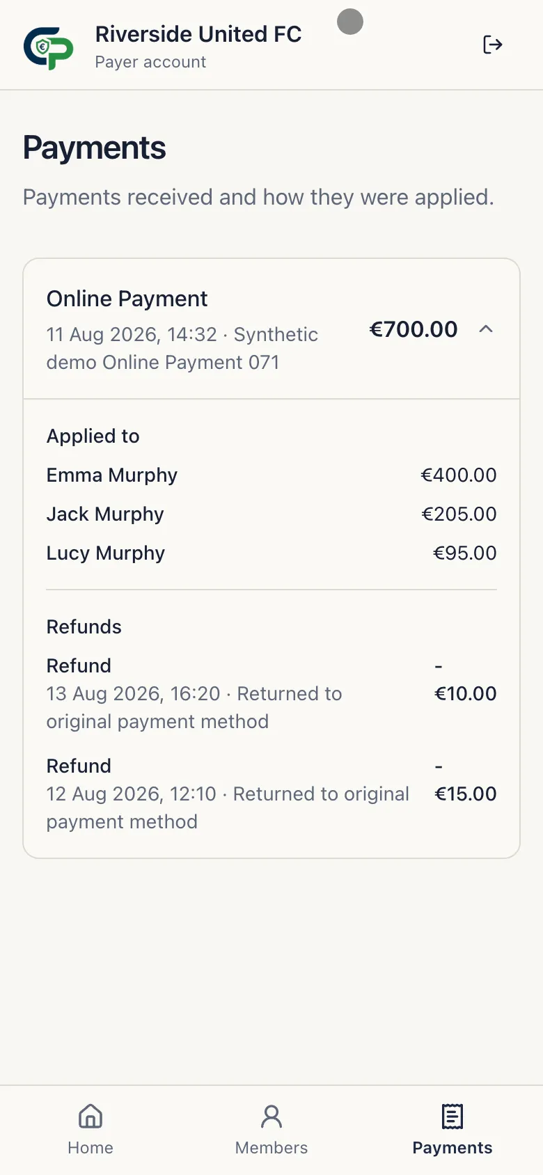 Payer Portal Payment detail showing Member allocations and confirmed Refunds