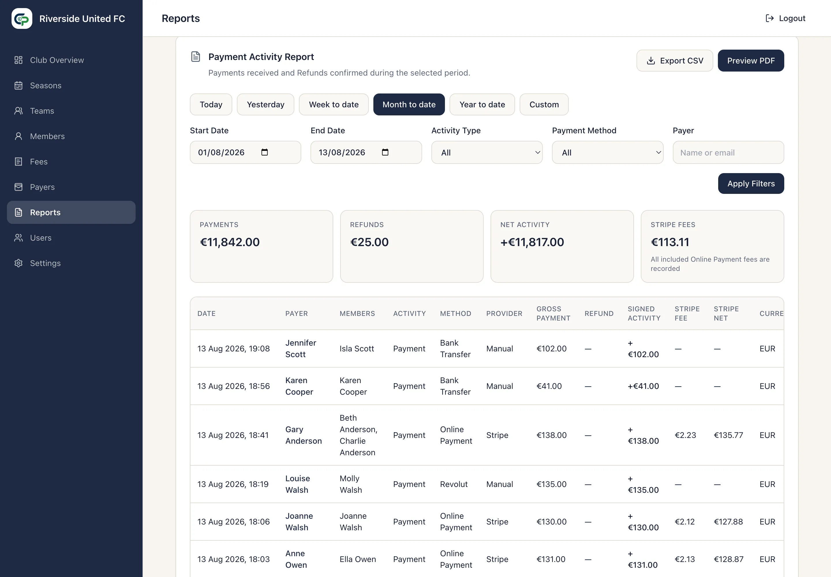 Payment Activity report with date filters, totals, and payment activity