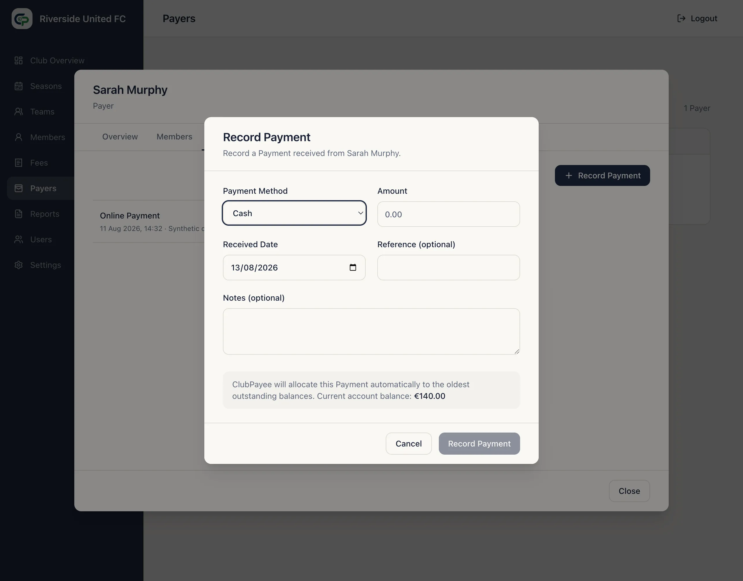 Record Payment form with payment details and automatic-allocation guidance