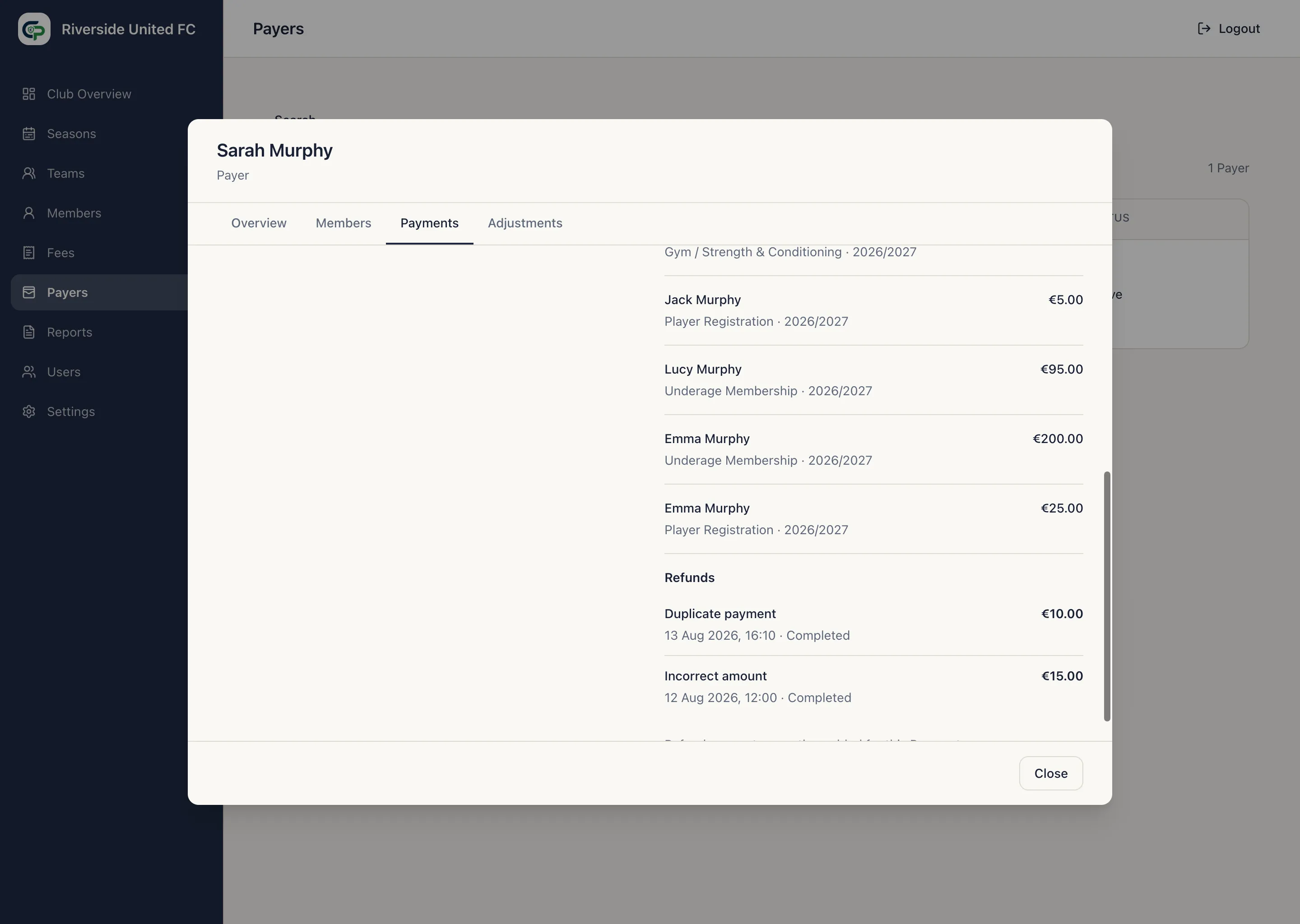 Original Online Payment detail showing confirmed Refund history, amounts, status, and allocations