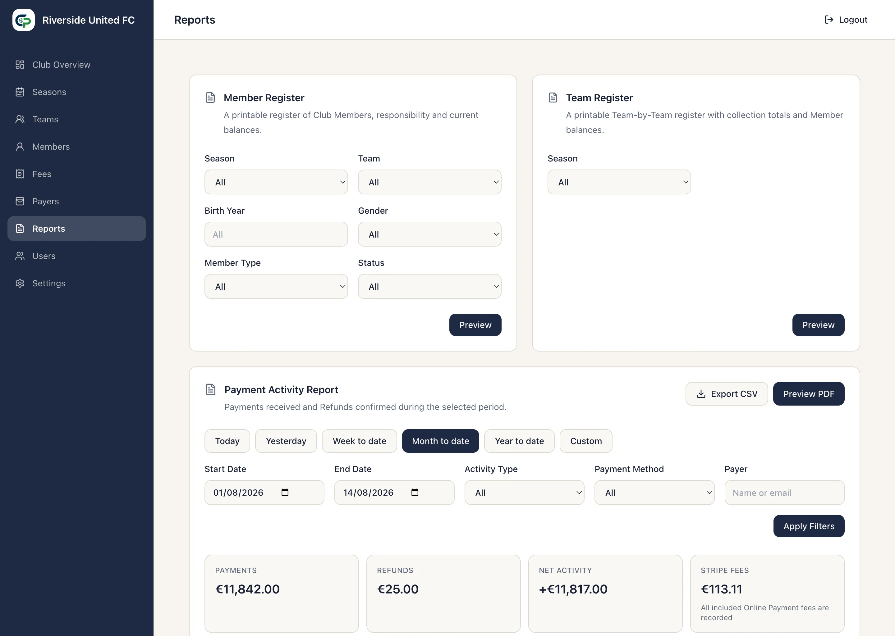 Reports area showing Member Register, Team Register, and Payment Activity