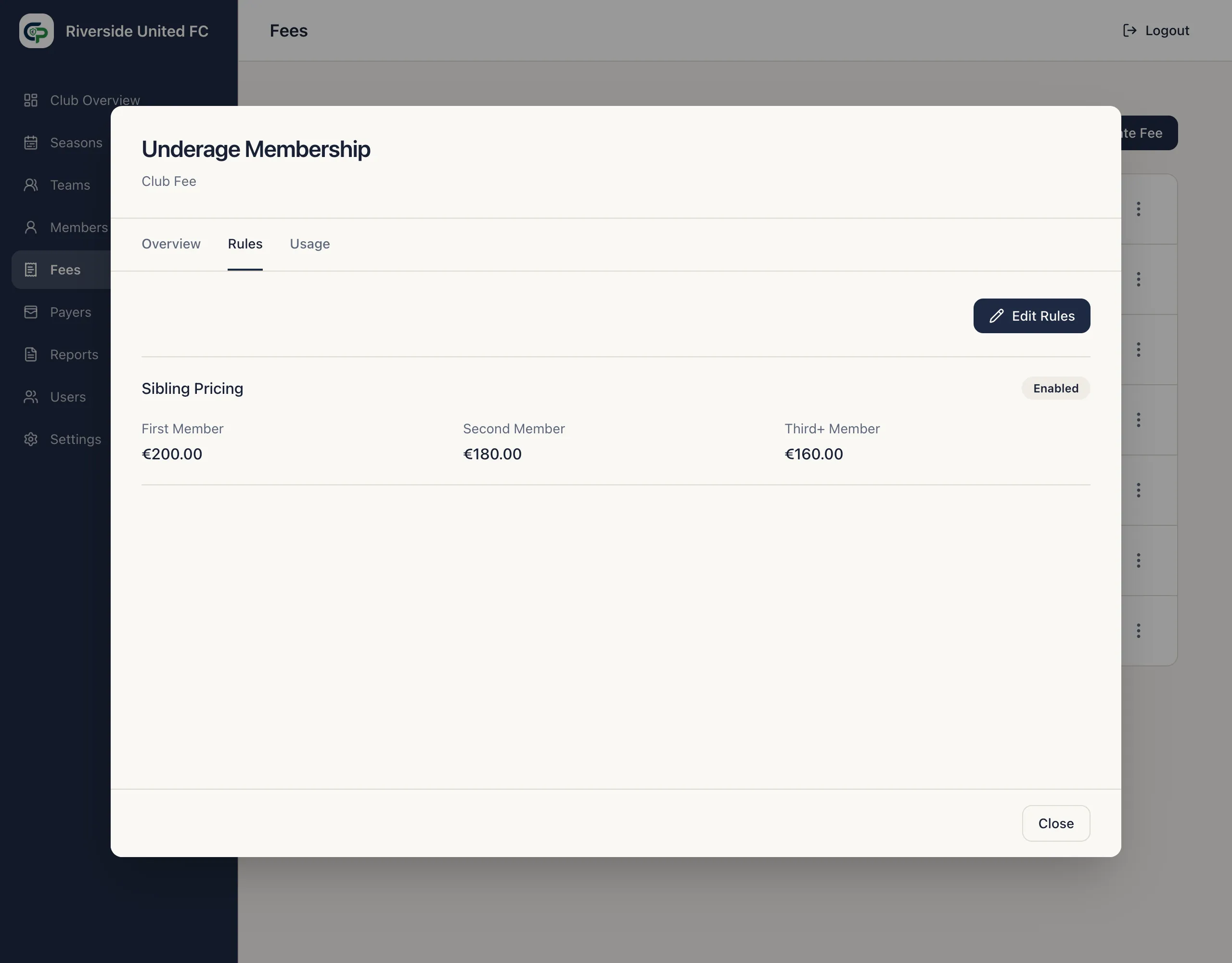 Sibling Pricing rule with first, second, and third-or-later Member amounts