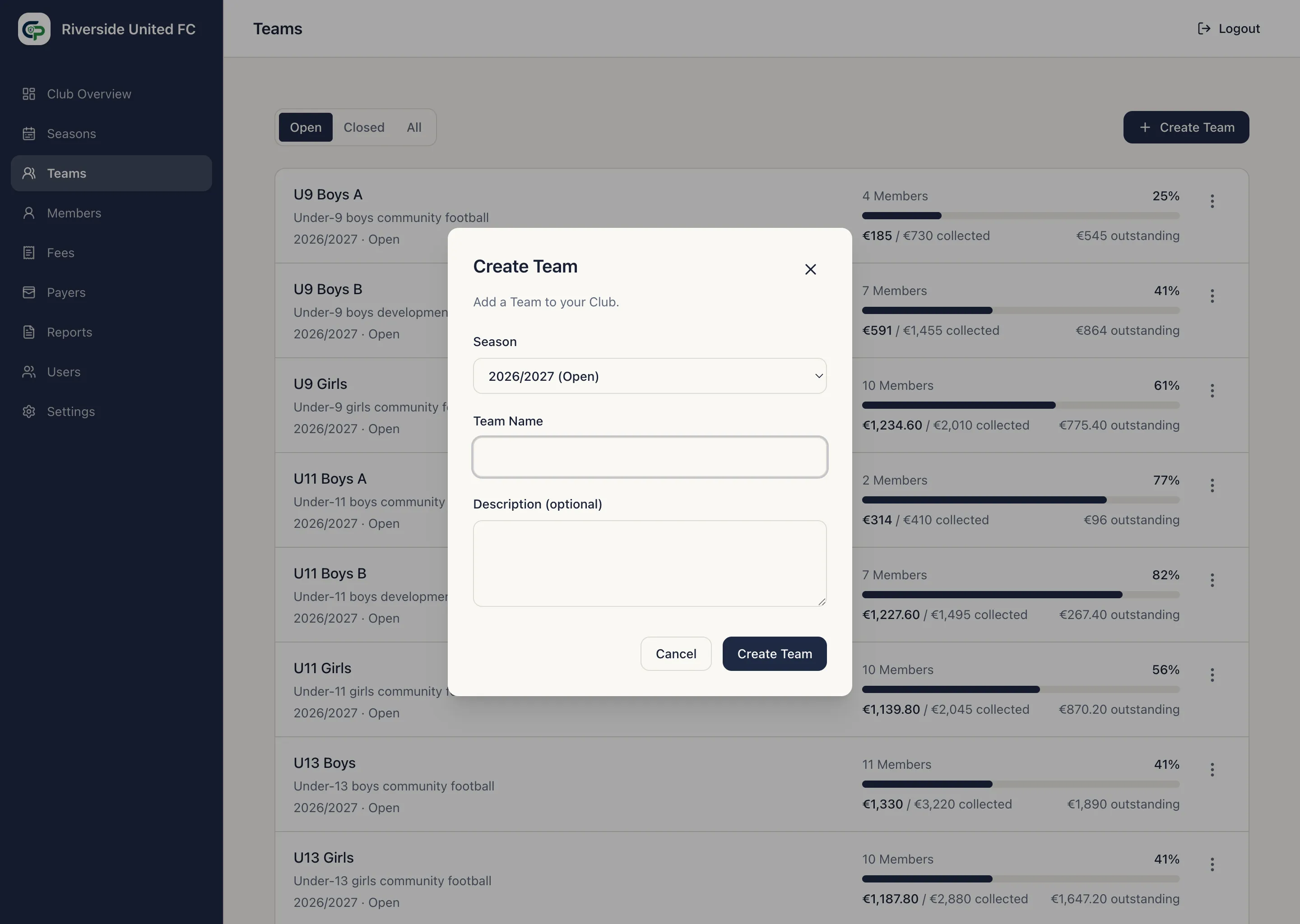 Create Team form with Season, Team Name, and optional Description