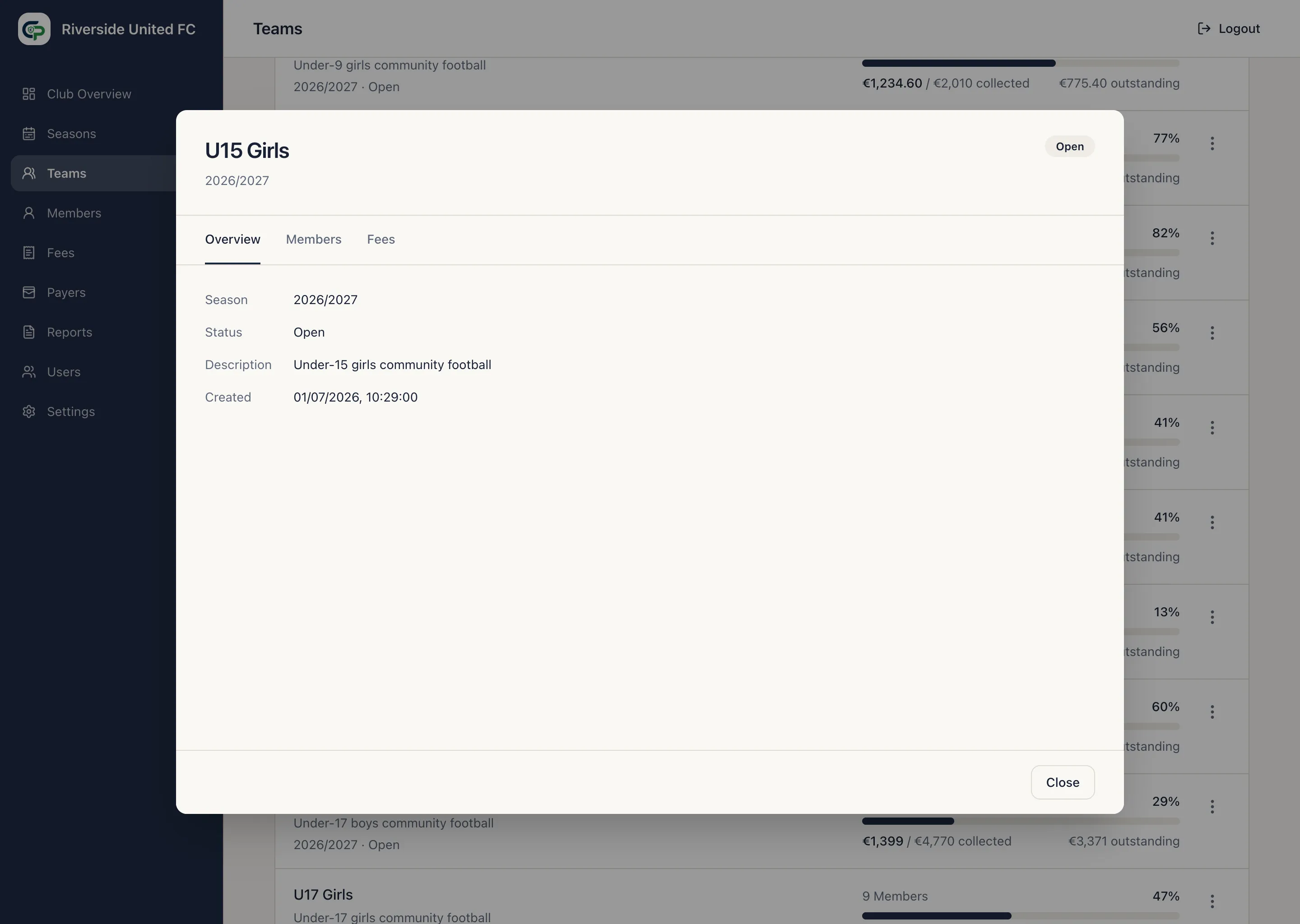 U15 Girls Team workspace with the Overview tab open